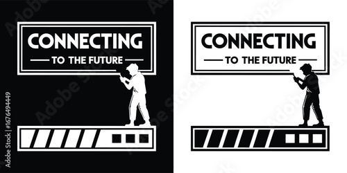 Silhouette of a person connecting to the future with a loading bar, symbolizing progress and technological advancement against a dark background