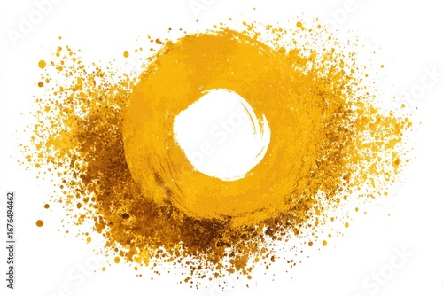 Gold paint circle with scattered droplets on white background.