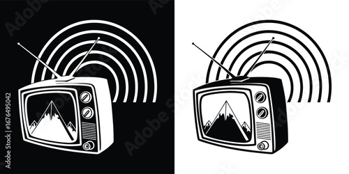 Retro television broadcasting signal waves, vintage tv set with mountain landscape on screen