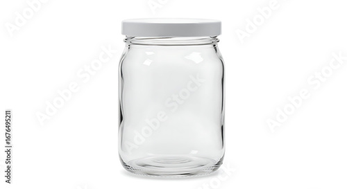 Empty clear glass storage jar with a plain white screw-top lid.