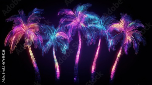 Neon glowing palm trees on dark background.