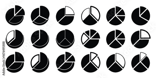 Collection of Black and White Pie Chart Icons with Different Segments and Shading graph data