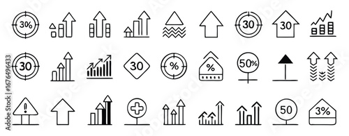 Hand Drawn Upward Trend Arrows Bar Charts Percentage Signs and Target Icons