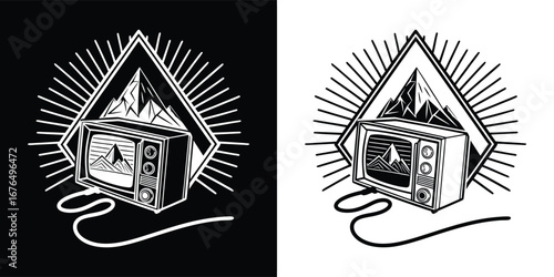 Oldfashioned television with a mountain view on its screen, enclosed in a diamond shape with emanating rays, presented in both black and white versions