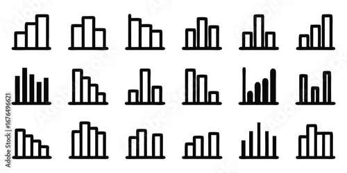 Set of Black Bar Chart Icons Illustrating Upward and Downward Data Trends graph statistics
