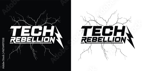 Tech rebellion graphic with cracked effect and lightning bolt, in black and white versions, representing disruption and innovation in technology