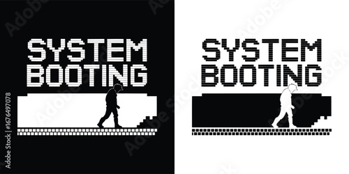 System booting text with a silhouette of a person walking, reminiscent of early computer startup screens, in black and white