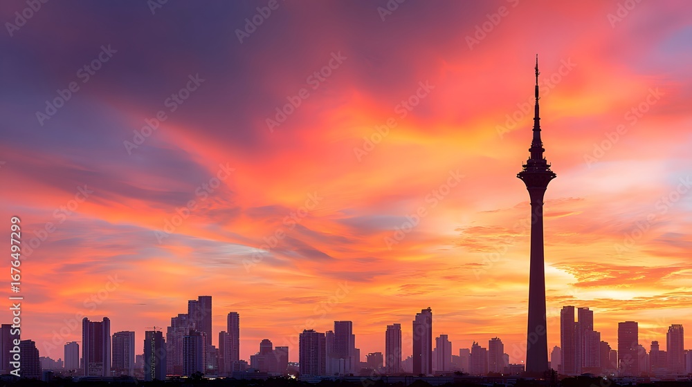 Obraz premium A dramatic cityscape silhouette against a vibrant sunset sky, featuring a prominent tower.