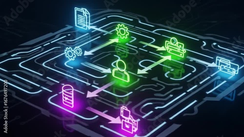 Animated Data Flow Visualization with Glowing Circuit Board and Icons