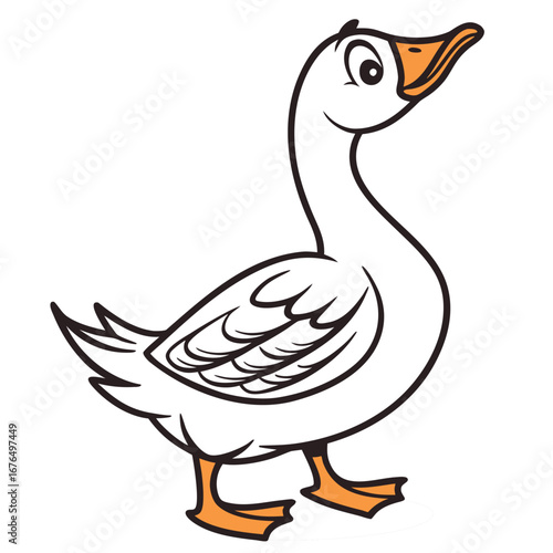 Cartoon White Goose Walking With Orange Feet And Beak On White Background bird animal