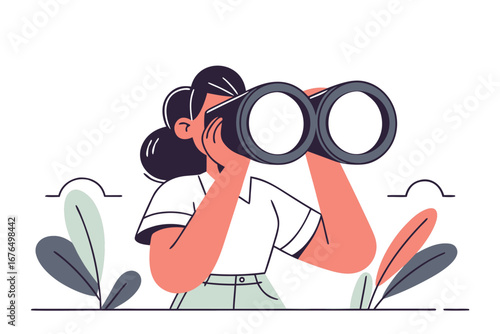 Business woman look through binoculars searching for new job or opportunity, vision or look far ahead to find future opportunity, observe or career success, human resources look for candidate concept.