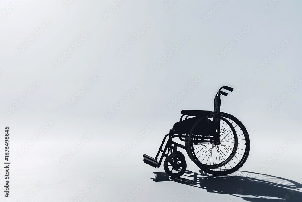 Obraz premium Silhouette of wheelchair shadow on plain white background, minimal conceptual mockup.