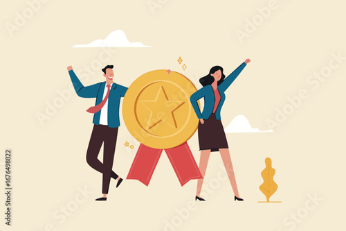 Professional or expert who success and win award, best office employee or specialist with skills to achieve goal concept, success businessman and businesswoman professional stand with star award.