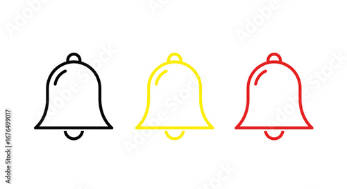 Three simple outline bell icons in black, yellow, and red, representing notifications or alerts for digital interfaces.