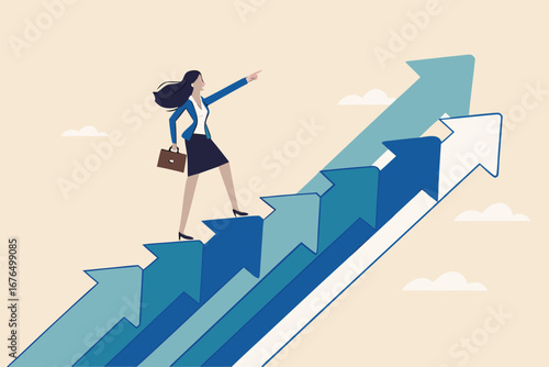 Career growth, growing business or leadership to overcome challenge, motivation to succeed, career development or ambition to success concept, confidence businesswoman walking up growth arrow stair.