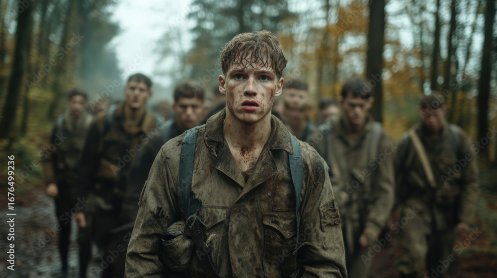 Fototapeta premium Recreant, Soldiers marching through a forest in a gritty, dramatic scene.