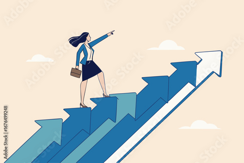Career growth, growing business or leadership to overcome challenge, motivation to succeed, career development or ambition to success concept, confidence businesswoman walking up growth arrow stair.