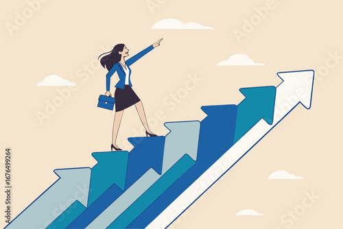 Career growth, growing business or leadership to overcome challenge, motivation to succeed, career development or ambition to success concept, confidence businesswoman walking up growth arrow stair.