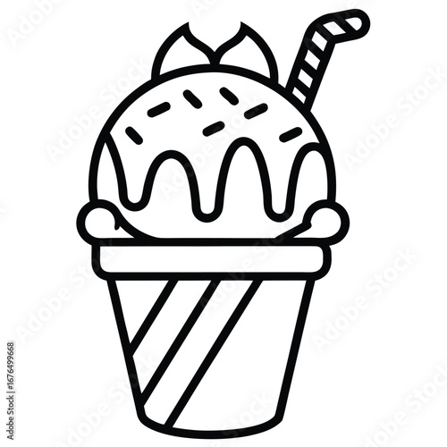 Outline Icon of a Delicious Ice Cream Sundae with a Candy Cane Stick dessert sweet
