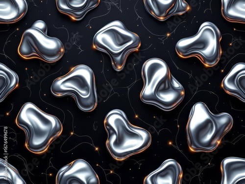A seamless liquid metal pattern with reflective surfaces and fluid shapes.