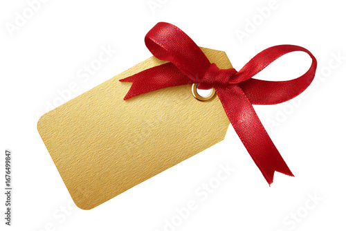 Blank kraft paper gift tag with a red ribbon isolated on transparent background.