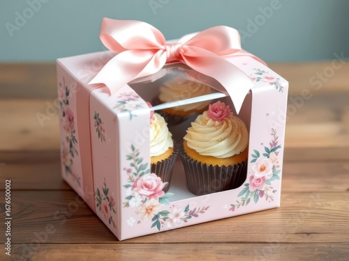 A cupcake box with a transparent window and elegant patterns, perfect for bakery branding and gift packaging.