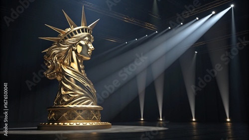 Golden Statue of Liberty Bust: Dramatic Stage Lighting, Dark Background, Award Ceremony Concept