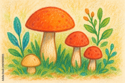 Crayon illustration of mushrooms and forest plants on the ground