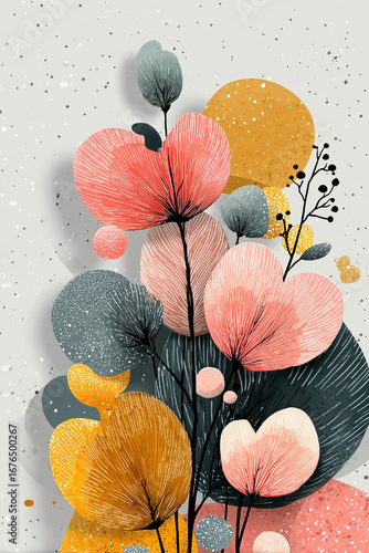 Colorful flower arrangement with a yellow and orange flower in the center. The flowers are arranged in a way that they look like they are growing out of a piece of paper