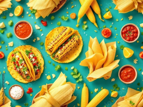 A vibrant 3D pattern featuring popular Mexican street food like tacos, elotes, and tamales, perfect for culinary branding and festive designs.