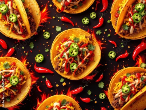 A bold 3D pattern featuring spicy tacos with jalapeños, hot sauce, and vibrant Mexican spices, perfect for restaurant branding and culinary designs.