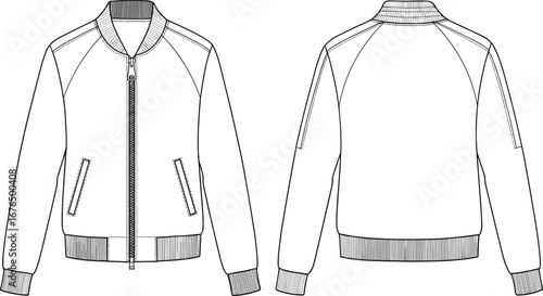 cad drawing flat vector illustration, bomber jacket front back view, fashion technical sketch outerwear template with ribbed collar and cuffs
