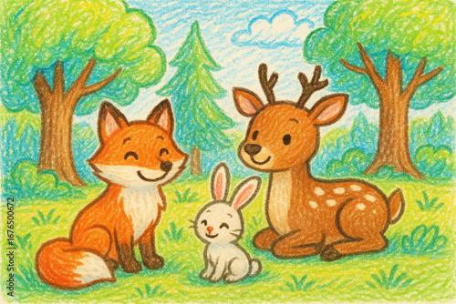 Crayon illustration of a fox, deer, and rabbit in a forest clearing