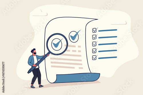 Inspect or review document, report or legal audit, quality assurance, search for document, information or research, investigate, proof or checking concept, businessman with magnifier inspect document.