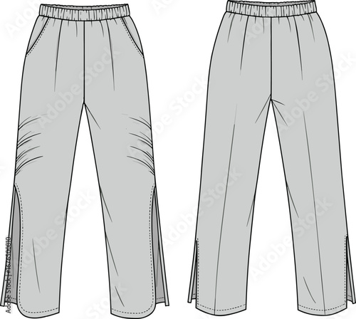 cad drawing flat vector illustration, elastic waist slit pants, fashion design template, womenswear trousers technical sketch, casual wear bottom