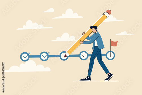 Project tracking, goal tracker, task completion or checklist to remind project progress concept, businessman project manager holding big pencil to check completed tasks in project management timeline.
