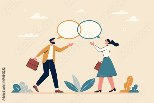 Customer engagement, emotional connection between customer and brand, loyalty, consumer trust or deep relationship concept, businessman represent brand talk with customer as linked speech bubble. 