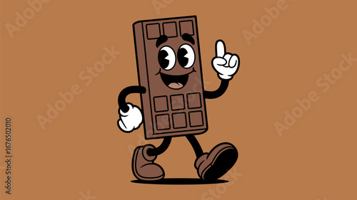 Retro cartoon chocolate bar character walking and pointing up