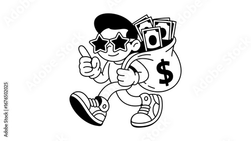 Cool cartoon character carrying a bag of money and giving a thumbs up