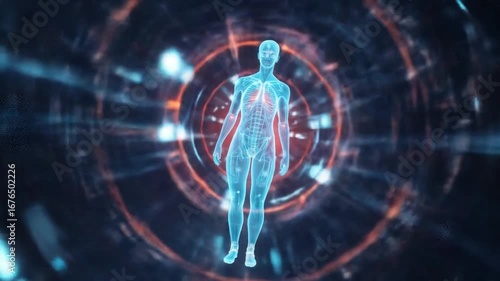 Human Anatomy Scan: Futuristic Body Visualization with Glowing Data and Digital Rings