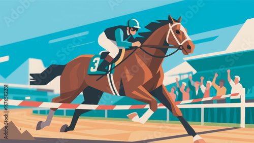 Excited Horse Race with Cheering Crowd Design Template Illustration