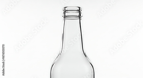 Empty clear glass bottle with a long neck and a threaded screw top finish.