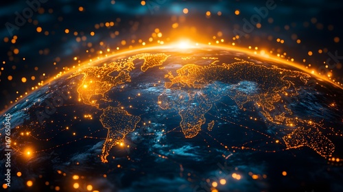 Futuristic Earth from Space with Illuminated Continents and Network of Light Points Showing Global Connectivity