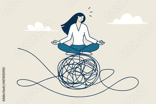 Stress management, meditation or relaxation to reduce anxiety, control emotion during problem solving or frustration work concept, woman in lotus meditation on chaos mess line with positive energy