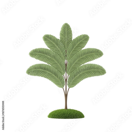 Stylized green tree with broad frond like leaves on a grass mound Nature