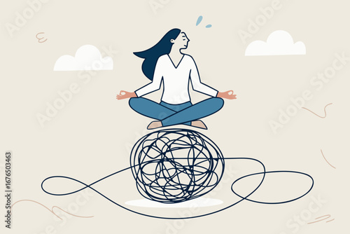 Stress management, meditation or relaxation to reduce anxiety, control emotion during problem solving or frustration work concept, woman in lotus meditation on chaos mess line with positive energy