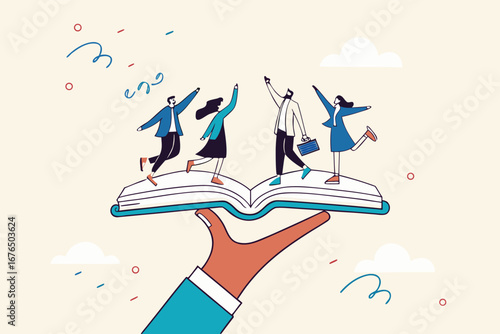 Employee handbook, manual for onboarding new staff, procedure or rule for welcome new hire to know company, business manual for success concept, businessman hand holding handbook with new employees. 