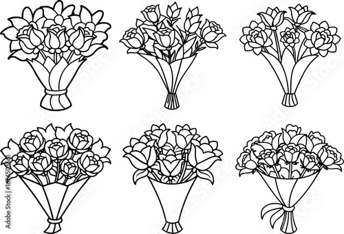 Set of flower bouquet outline vector illustration line art