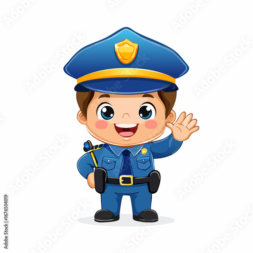 Cute cartoon policeman character waving