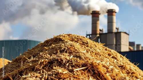 Agricultural waste pile near industrial facility